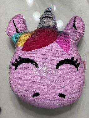 Sequin Pink Unicorn Plush Pillow with Rainbow Horn, Icecream, Perfect Condition